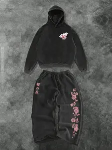 Men's Two-Piece Fashion Casual Set with Cherry Blossom Print Hoodie and Drawstring Wide Leg Pants, Loose-Fitting Street Style for Spring & Fall, Comfortable Daily Wear