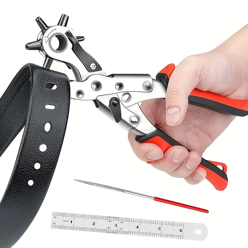 1 Heavy-Duty Synthetic Leather Punch Pliers - Rotating Steel Hand Tool with Red Rubber Handle, Suitable for Belts, Sewing Projects, and Crafts - Perfect Gift for DIY Enthusiasts, Synthetic Leather Punch Tool, Hardware Tools