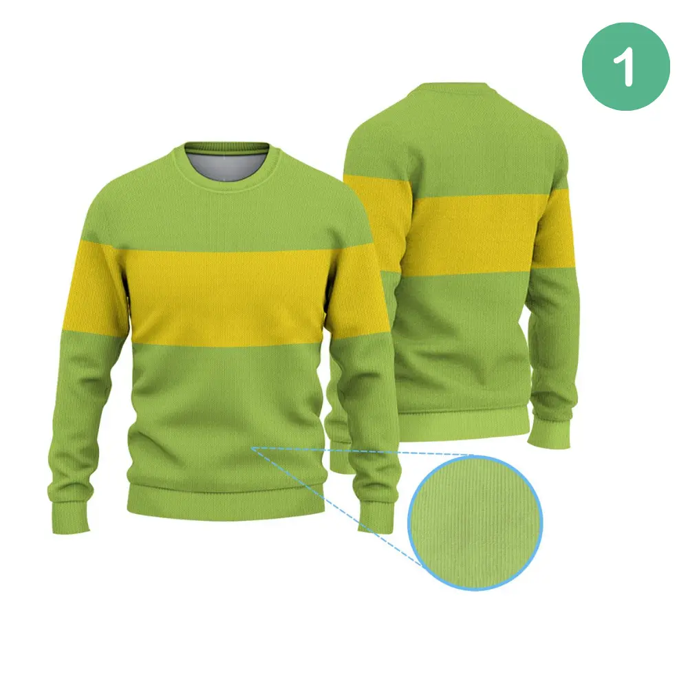 [May arrive after halloween] Kris Deltarune Sweater, Deltarune Kris Long Sleeve Shirt, Retro Green Yellow Striped Crewneck Sweater
