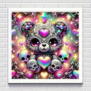 5D Full Drill Diamond Painting Kit - Kawaii Dark Teddy Bear with Sugar Skulls, Spooky Cute Pastel Goth Art with Iridescent Hearts, Full Round Drill Gothic Mosaic Craft, DIY Rhinestone Art for Emo & Goth Room Decor