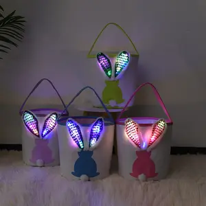 Light Up Easter Bunny Basket – Battery Operated Glowing Bunny Ear Easter Bucket with Handle, Kids Easter Egg Hunt Candy Bag