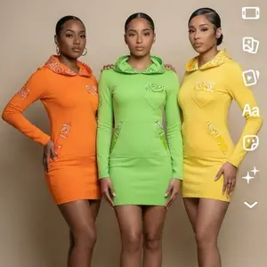 JD Fashion Ladies Custom Long Sleeve Bandanna Trim Short Hoodie Dress