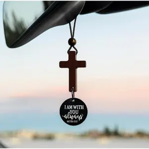 Rearview Mirror Cross Charm w/ NFC Bible Verse Tag Christian Car Ornament Gift I AM WITH YOU ALWAYS Matthew 28 20 all-season universal fit