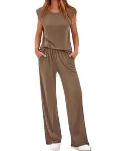 BTFBM 2-Piece Sets for Women Spring 2026 Casual Shoulder Pad Tank Top Wide Leg Pants Matching Set Travel Airport Outfits