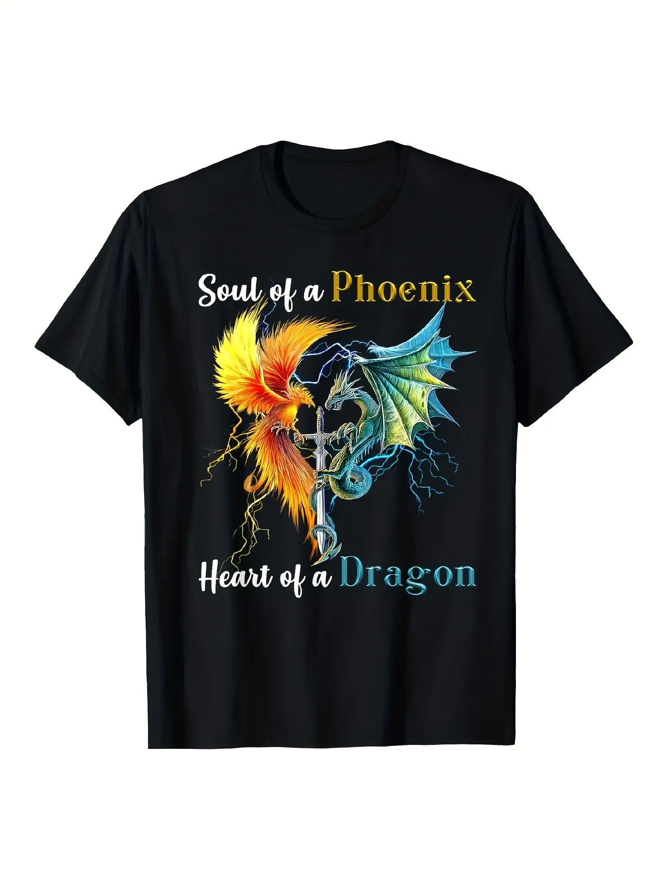 1pc Unisex Vintage Phoenix & Dragon Graphic T-Shirt -  Cotton Crew Neck Short Sleeve, Single-Sided Printed Regular Fit with Slight Stretch, All-Season 220g Knit Fabric, Mythical Artwork with "Soul of a Phoenix & Heart of a Dragon" Design, Soft Breatha