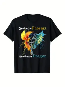 1pc Unisex Vintage Phoenix & Dragon Graphic T-Shirt - 100% Cotton Crew Neck Short Sleeve, Single-Sided Printed Regular Fit with Slight Stretch, All-Season 220g Knit Fabric, Mythical Artwork with "Soul of a Phoenix & Heart of a Dragon" Design, Soft Breatha