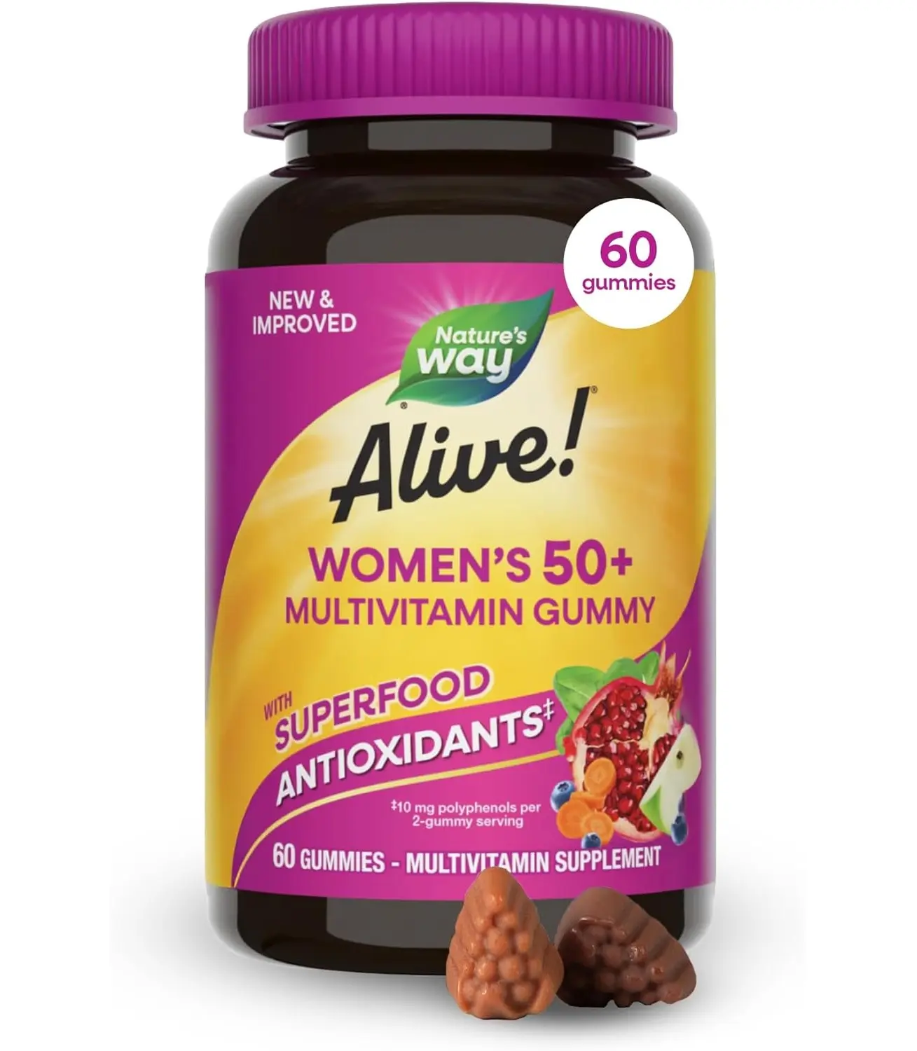 Nature's Way Alive! Women’s 50 Plus Multivitamin Gummy, Daily Chewable Multivitamins with B-Vitamins, Vitamin D3, Calcium, Supports Heart, Brain & Bone Health,* Mixed Berry Flavored, 60 Count