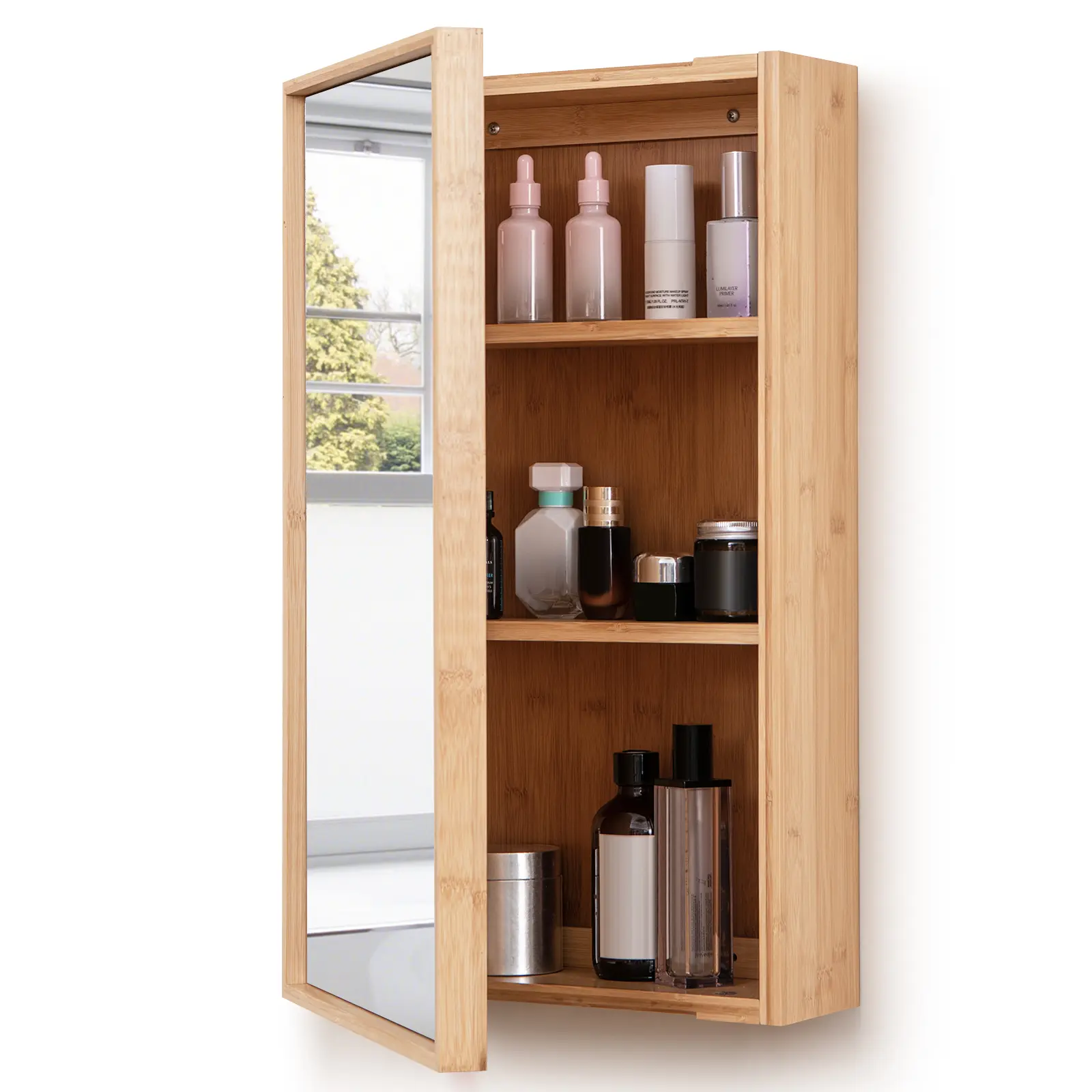 COSTWAY - Bamboo Bathroom Wall Cabinet with Mirror with 2 Adjustable Shelves-Natural