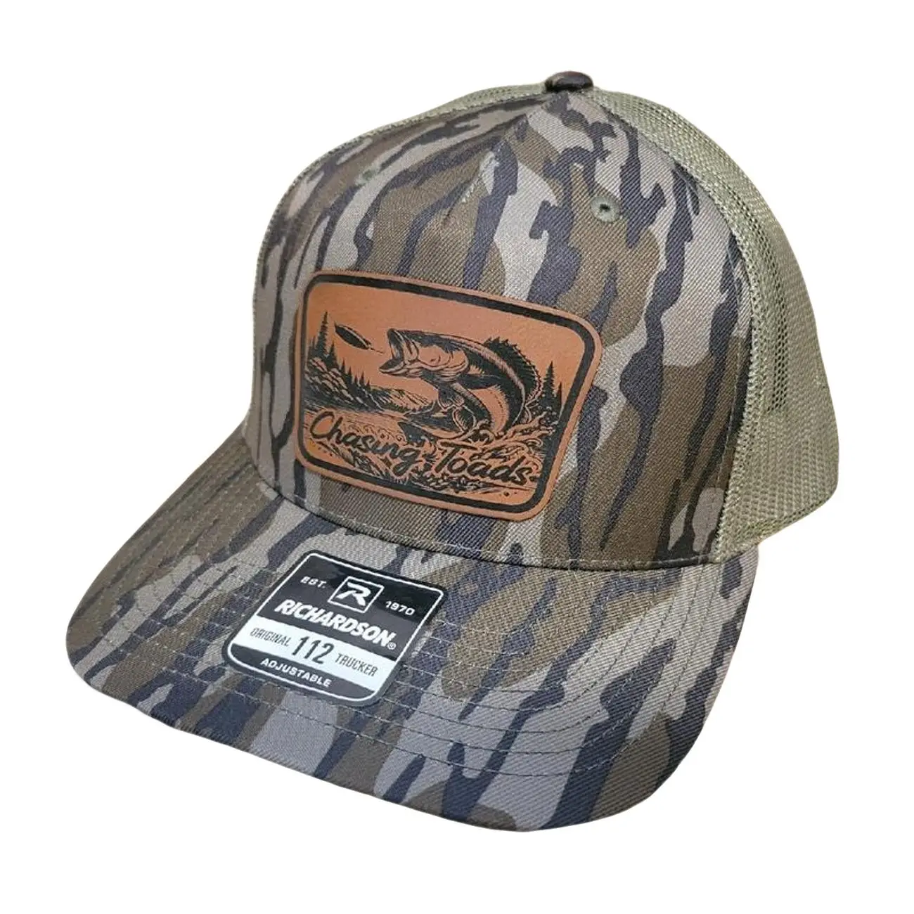 BassChasing toads hat fishing Trucker Hat  Leather Patch Richardson 112