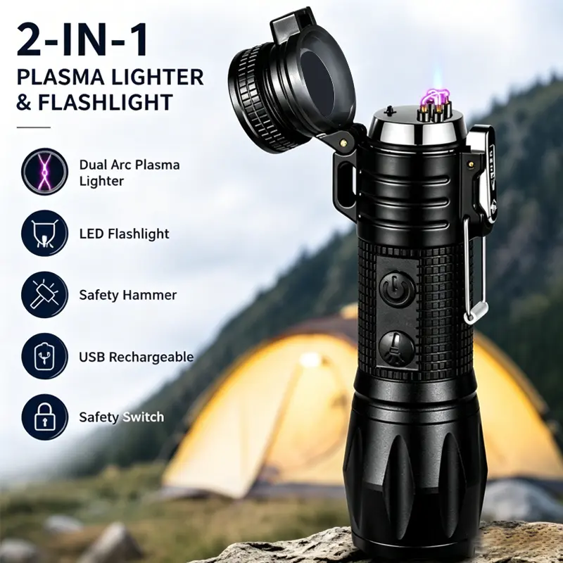 2-in-1 Dual Function Handheld Windproof Plasma Lighter with Compass & Rechargeable High-Lumen Flashlight, USB-Charging, Lighters for Candle, Outdoor Camping Hiking Use, Gift for Boyfriend, Dual Function Lighter, Handheld Lighter