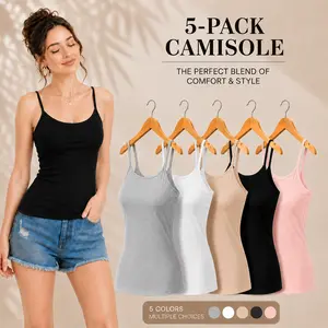 【5 Pack】Women’s Camisole with Built in Bra, Padded Tank Tops for Women, Spaghetti Strap Shelf Bra Cami, Soft Stretch Sleeveless Basic Tops for Layering, Lounge, Yoga & Everyday Wear, Breathable Slim Fit Multi Color Pack