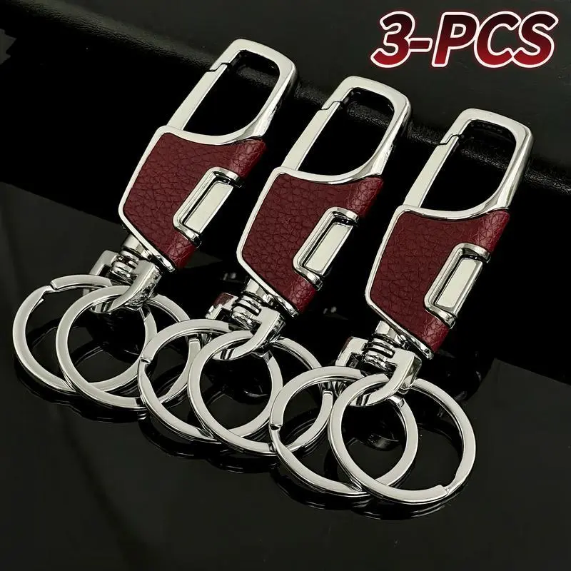 3-Pack Heavy Duty Metal Keychain with Detachable Stainless Steel Key Rings & PU Leather, Car Interior Accessory, Automotive Travel Essential, Gift for Men