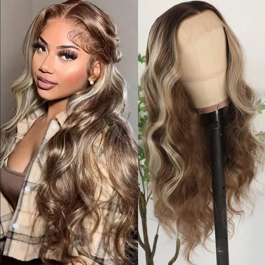 13X4 Free Part Black Green Highlights Body Wave Lace Front Wigs Pre Plucked Soft Long Wavy Hair Wigs Heat Resistant Wave Wigs Glueless Christmas Wig