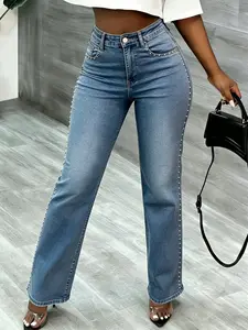 American Retro High Waist Studded Wide Leg Denim Pants, Medium Stretch Skin-Friendly & Non-Binding, Side Rhinestone Detail, Hip-Flattering for Black Women