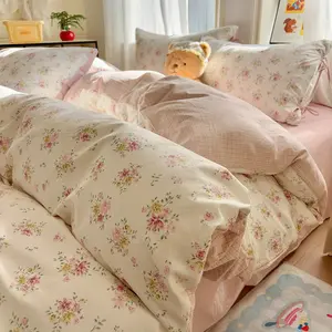 3pcs/4pcs New Style Bow Tie Plaid Floral Series Bedding Set, Student Dormitory Three-Piece Set, Home Use Four-Piece Set, Soft Bedding Sets