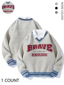 Men's 2-IN-1 Letter Print Drop Shoulder Collared Sweater, Casual Comfy Pullover, Loose Casual Preppy Striped Trim Long Sleeve Button Jumper for Spring & Fall, Fashion Men's Knitwear for Daily Wear