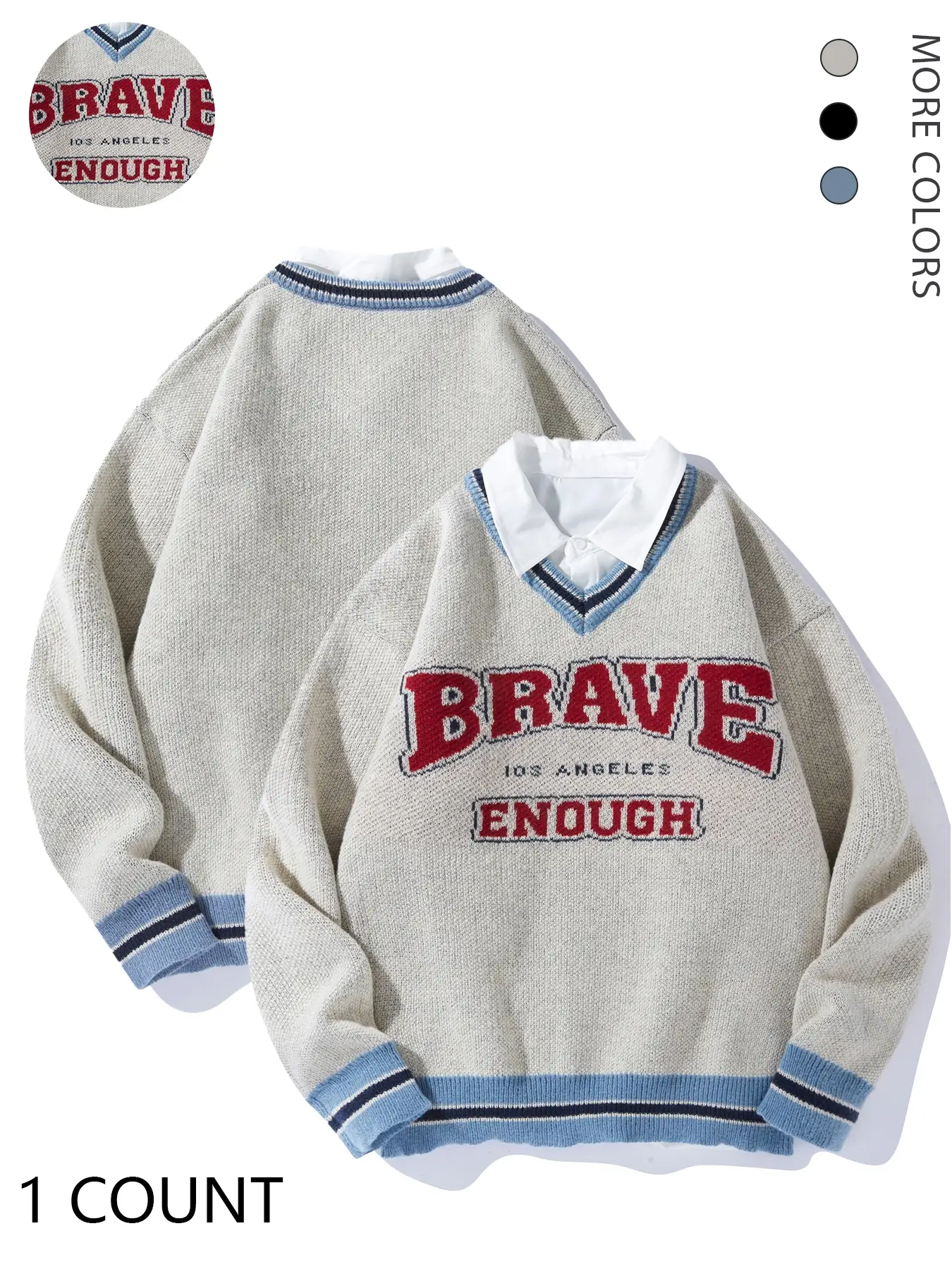 Men's 2-IN-1 Letter Print Drop Shoulder Collared Sweater, Loose Casual Preppy Striped Trim Long Sleeve Button Jumper for Spring & Fall, Fashion Men's