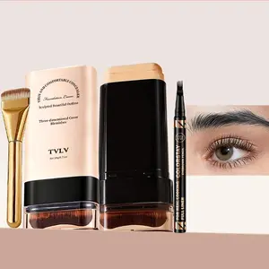 3-in-1 Makeup Set: 2-in-1 Concealer Foundation Stick, Free Makeup Brush, Black Eyebrow Pen, Waterproof, Long-Lasting, Non-Caking, Full Coverage for Daily Use & Gifting