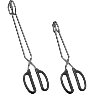 Stainless Steel Scissor Tongs 12" and 16" Set, Extra Long Metal Kitchen Tongs for Cooking, Grilling & Serving (Set of 2, Black)