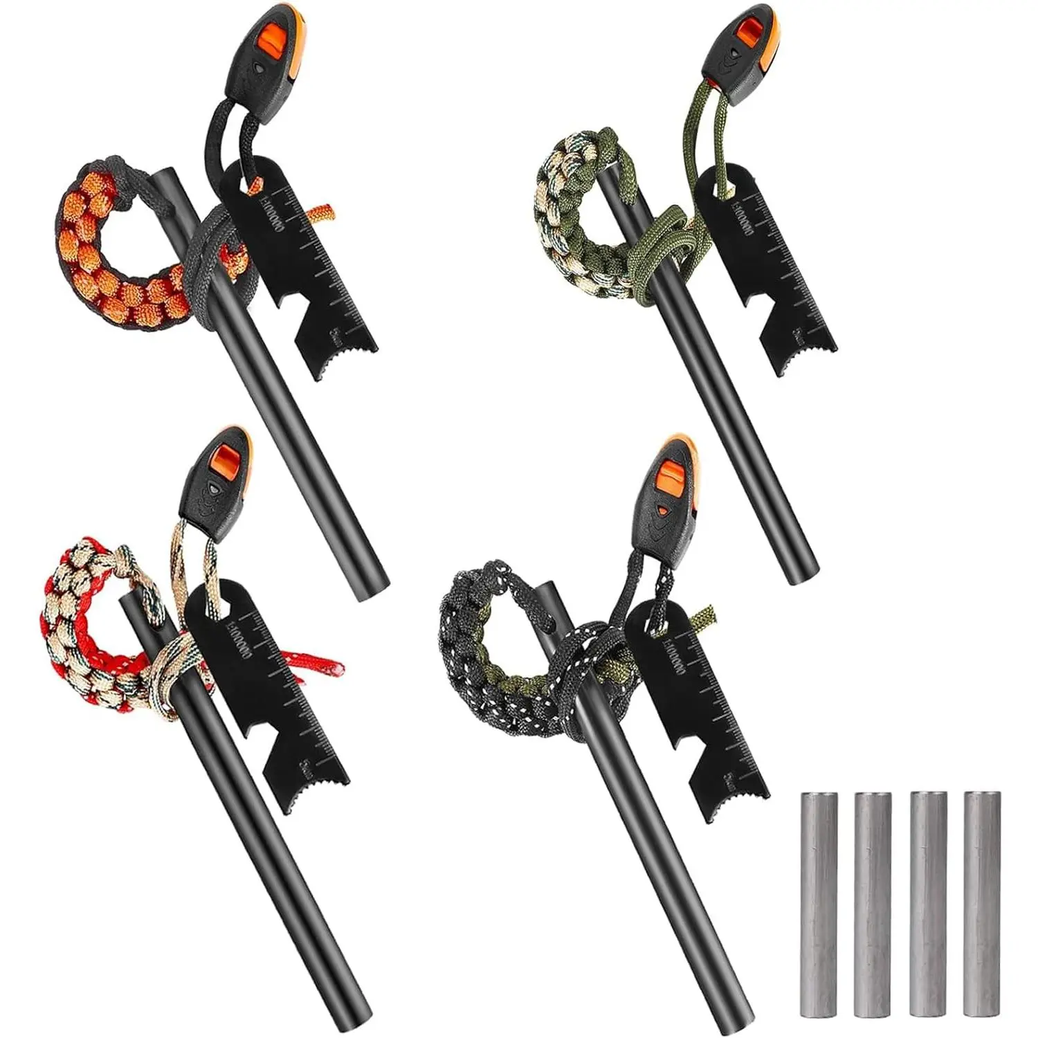 4 Pack Ferro Rod Fire Starter Flint Fire Starter Survival Tool Flint and Steel Fire Starter Kit 6-in-1, Portable Ferro Rod Striker with Paracord Handlead for Campfires Survival Emergency Kit