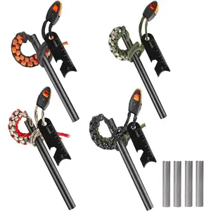 4 Pack Ferro Rod Fire Starter Flint Fire Starter Survival Tool Flint and Steel Fire Starter Kit 6-in-1, Portable Ferro Rod Striker with Paracord Handlead for Campfires Survival Emergency Kit