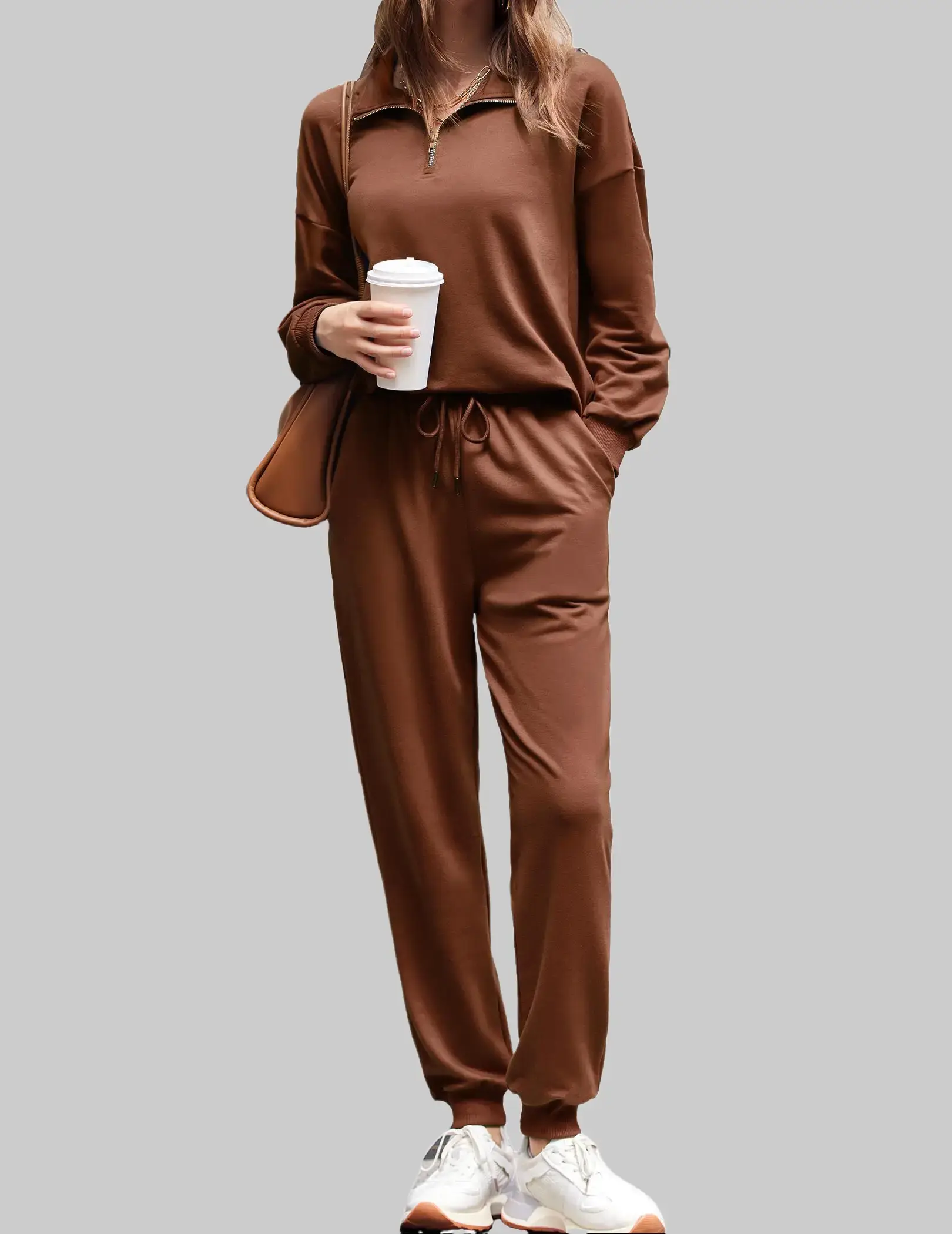 ZEAGOO Women's Solid Sweatsuit, 2 Piece Casual Outfit with Quarter Zip Shirt & Joggers Pants, Sporty Chic Springfashion, Sweatsuits, Quarter Zip Top, Soft Fabric, Stretch For Yoga, 1/4 Zip, Drawstring