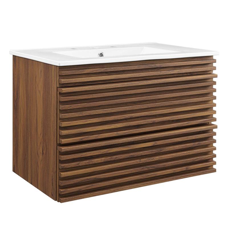 Modway Render 30" Wall-Mount Bathroom Vanity in Walnut White