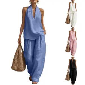 Mundoven Womens Linen 2 Piece Sets Sleeveless V Neck Halter Top Wide Leg Pants Summer Matching Lounge Set Casual Outfits