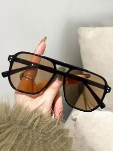 Large Frame Pilot Sunglasses, Men's Trendy Transparent Frames, Women's Rivet Details, Fashion Square Dual Beam Glasses, Style Layered Shades
