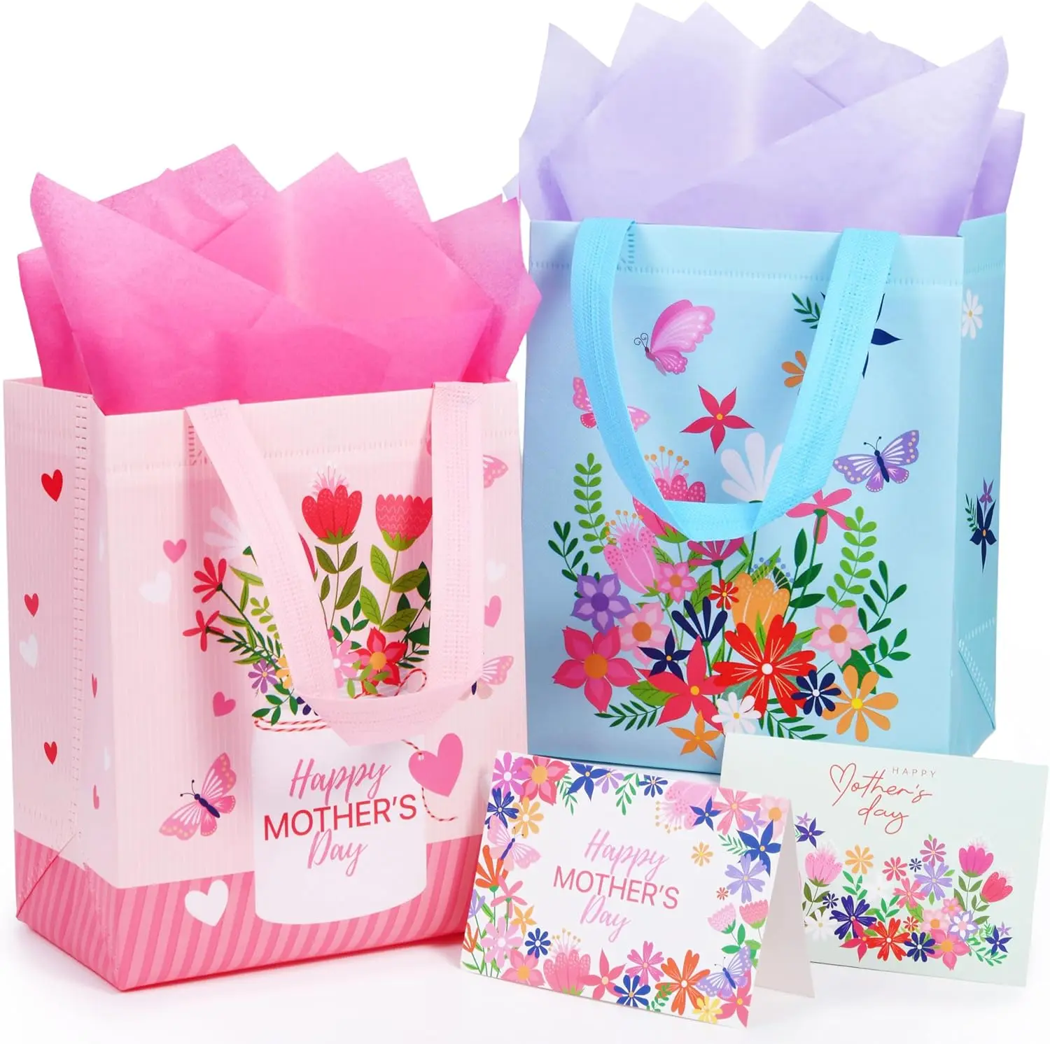 Mother's Day Gift Bags with Tissue Paper, Floral Design Non-Woven Material, 10x8x4.7 Inches, Pink and Blue, 2 Pack