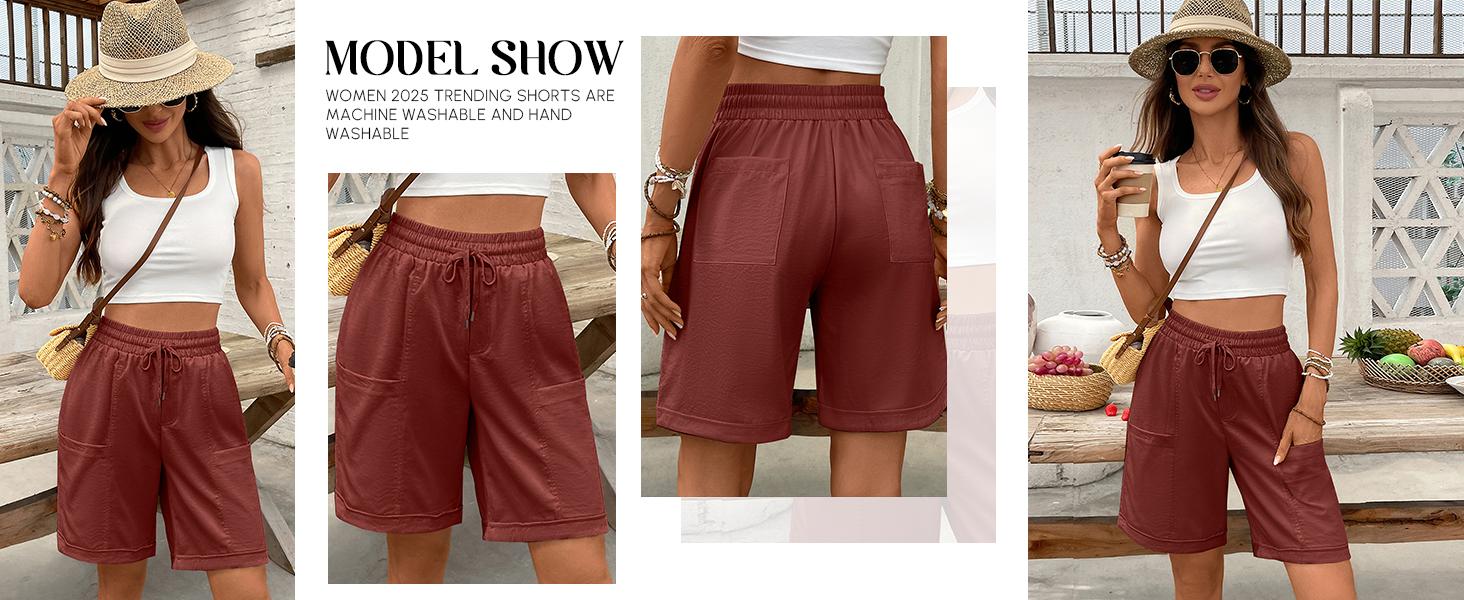 Women's Bermuda Long Shorts Summer 8'' High Waisted Casual Sports Short Elastic Drawstring Pull On Short with Pocket
