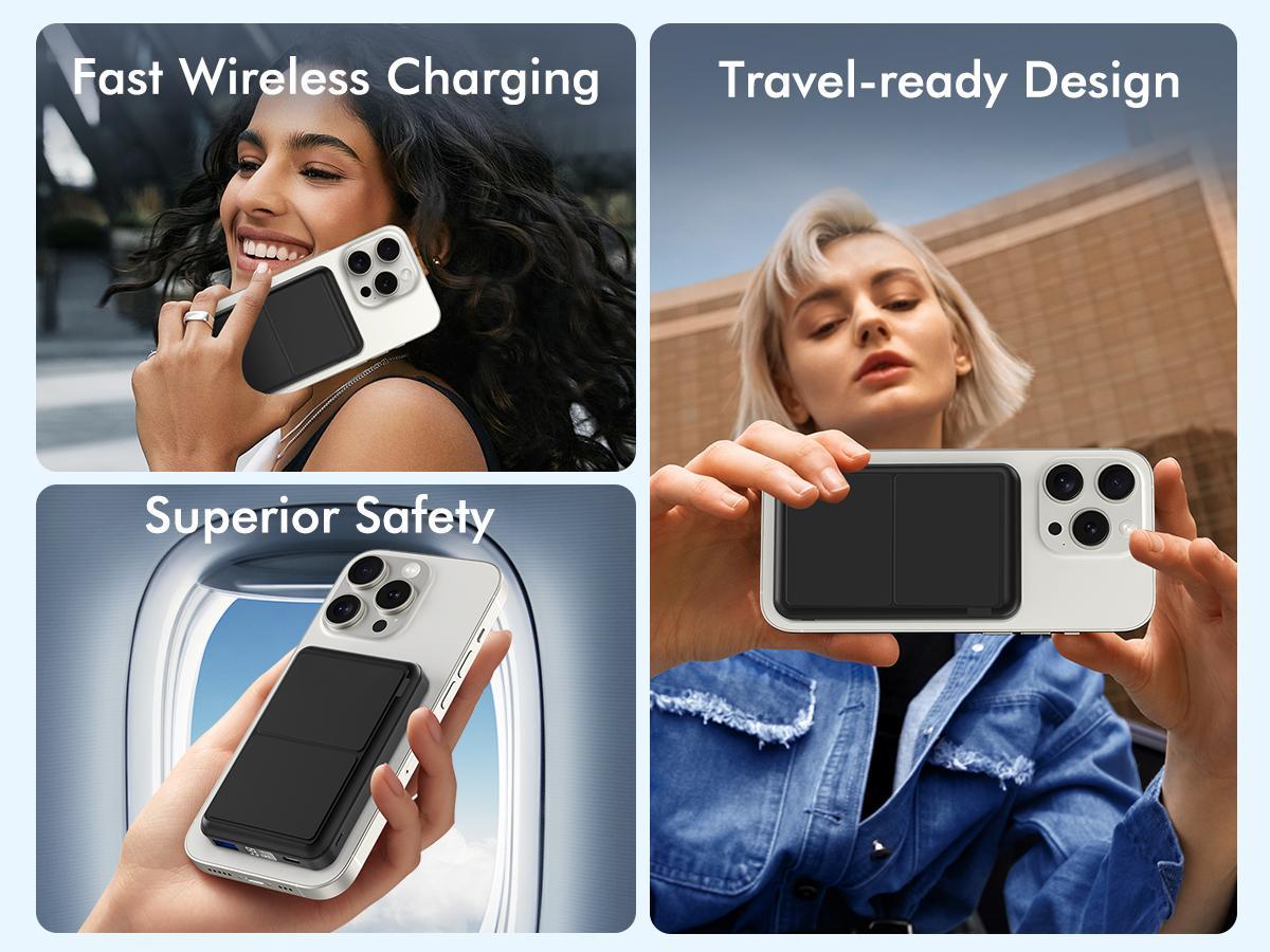 podoru 10000mAh Magnetic Power Bank for MagSafe, Wireless Portable Charger with LED Display, Foldable Stand, 20W PD Fast Charging, USB Output, USB-C & Lightning Input, Battery Pack for iPhone 17/16/15/14/13/12 Series