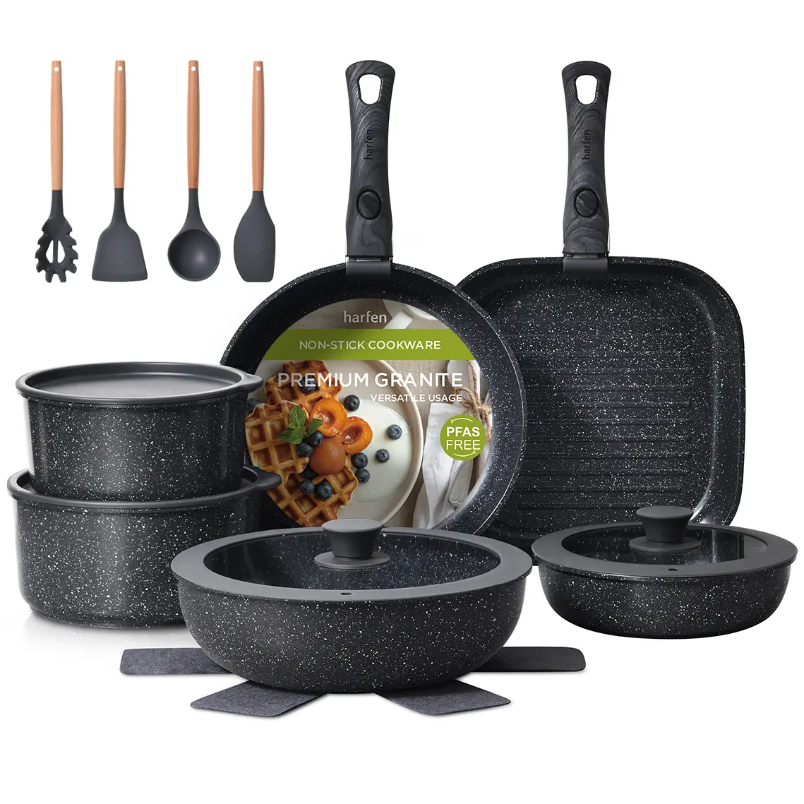 Harfen 21 Pcs Pots and Pans Set Non Stick, Titanium Ceramic Coating Cookware Set Detachable Handle，PFAS & PFOA Free, Dishwasher& Oven Safe, Space Saving, for Kitchen/RV/Camping