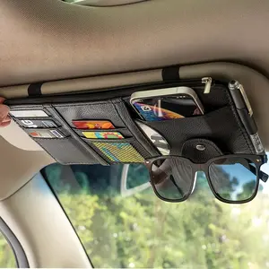Car Sun Visor Organizer, PU Leather Auto Truck Visor Storage Organizer with Multi Pocket Pouch and Accessories Organizer Holder for Card File Document Cash, Car Accessory, Car Storage Organizers