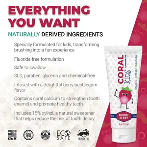 Coral White Kids Bubble Berry Fluoride Free Toothpaste - 4 Ounces (2 Pack)