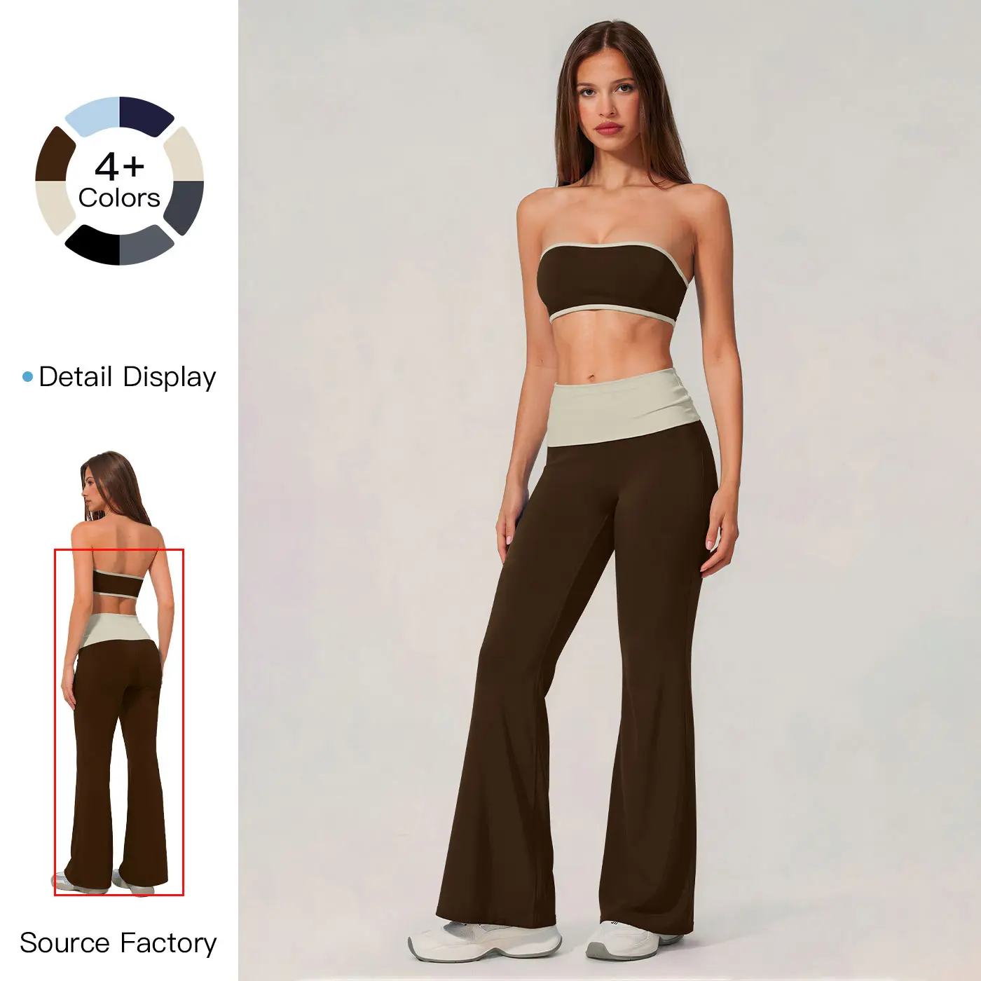 MFVIM Women's 2-Piece Polyamide Set - Bandeau Neck Color-Blocked Sleeveless Top with Contrast Piping, High-Waisted Fitted Cut Flared Long Pants, All Season for Pilates, Workouts