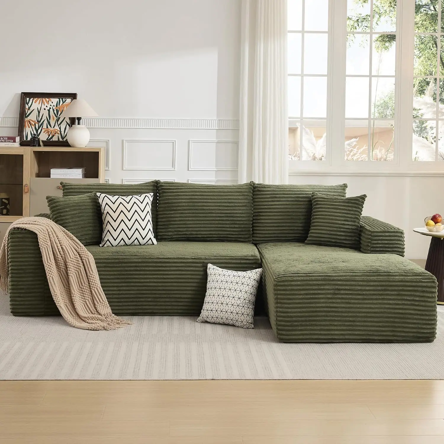 Garvee 108" Modular Cloud Sectional Sofa – L-Shaped Deep Seat Boneless Couch with Right-Facing Chaise, Soft Corduroy, No Assembly Required, Modern Living Room Furniture – Olive Green (Corduroy | Lie