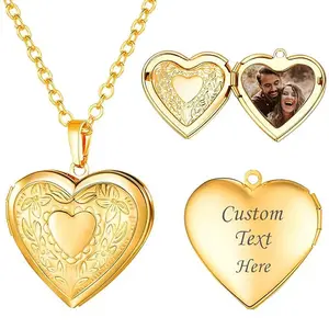 Personalized Locket Necklace Custom Photo Text Heart Necklace Engraved Name Stainless Steel Heart Shape Pendant Necklace Jewelry