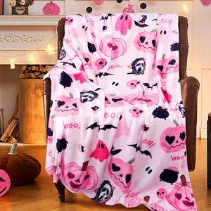 Pink Pumpkin, Skull, and Bat Themed Halloween Blanket, Fall Halloween Blanket, Halloween Throw Blankets and Throws, Fall Pumpkin Blanket, Super Soft Cozy and Plush, for Couch、 Chair、Bed， Halloween Gifts, Size：30inx40in, 40inx50in, 50inx60in, 60inx80in