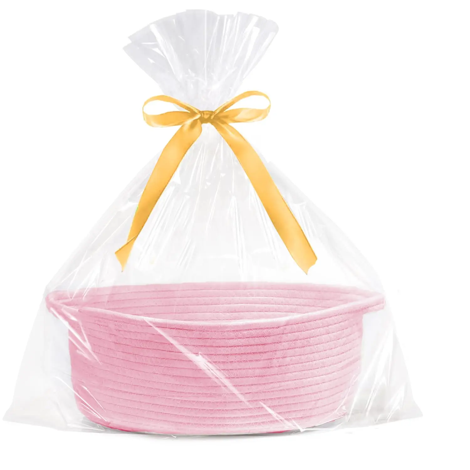 Woven  Basket with Clear Bag & Ribbon - 13" x 8" x 5"  Rope Empty Decorative Christmas Gifting Basket with Handle - Soft Organizing Storage for  Girl Toys