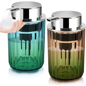 Foaming Hand Soap Dispenser 350ml (11oz) Refillable -Inspired Modern Plastic  Pump for Liquid Soap Shampoo  Wash Bottle for Bathroom Kitchen (2 Pcs)(Brown+Blue)