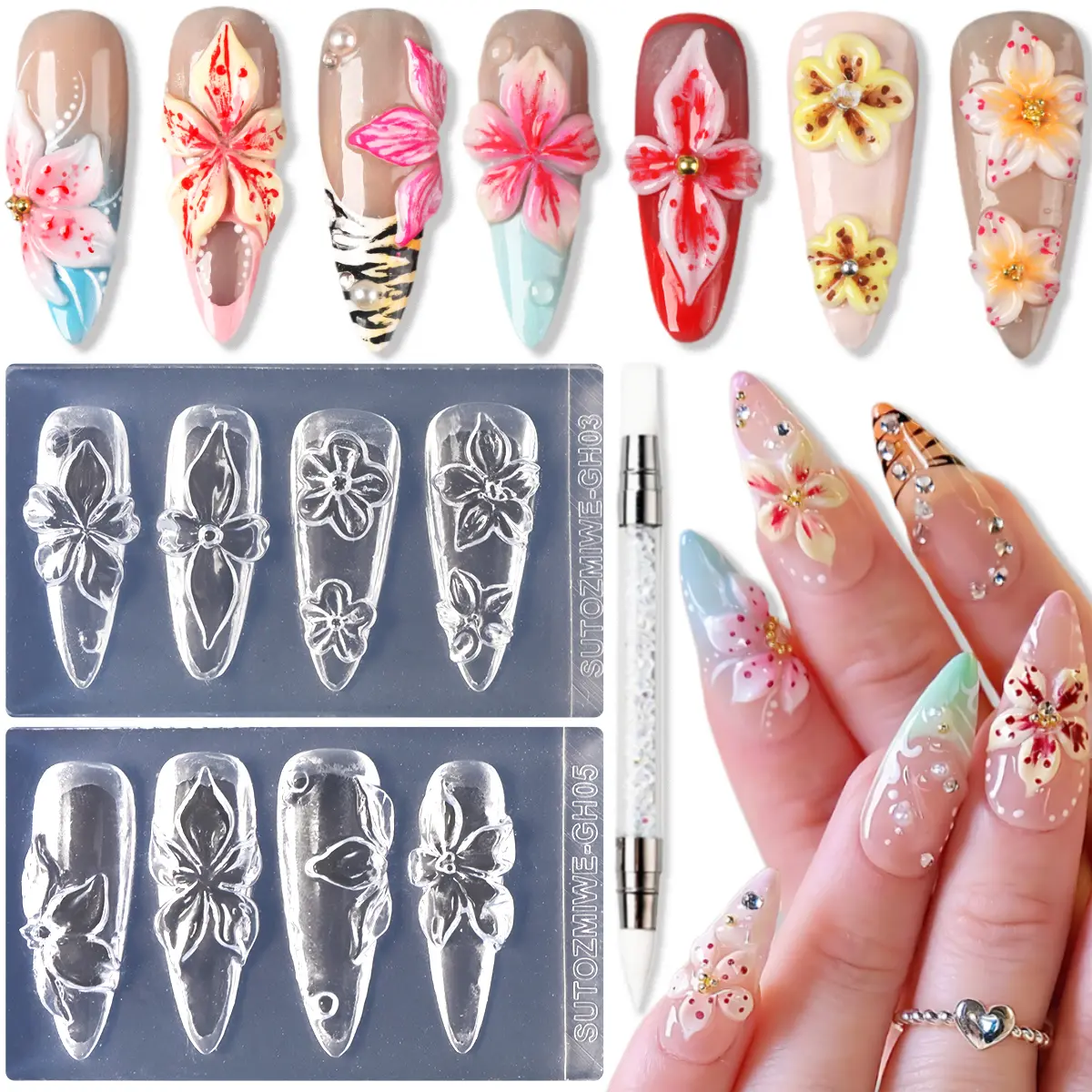 3D Flower Silicone Nail Molds, Hawaii Hibiscus Floral Cherry Blossom Floral Petal Nail Art Mold with Carving Pen, Resin Epoxy Modeling Template for DIY Manicure Decorations Nail Art Supplies