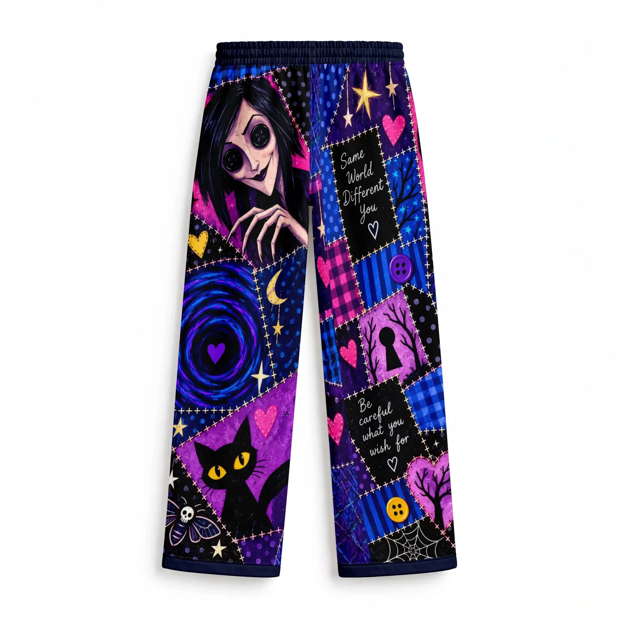 Button Inspired Graphic Sweatpants, Horror Patchwork Wide Leg Jogger Pants, Gothic Cartoon Lounge Pants, Unisex Streetwear