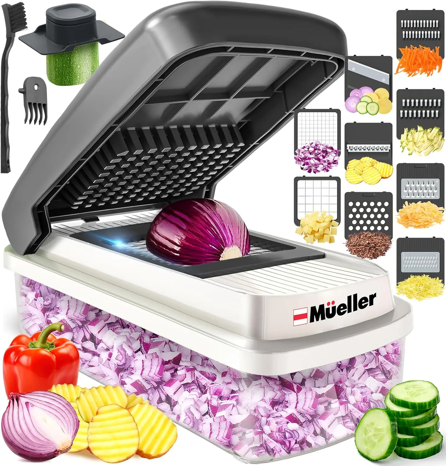 Vegetable Chopper Mandoline Slicer - Food Veggie Chopper, Cheese Grater, Onion Vegetable Cutter with Container, White SandGrey Kitchen Gadget