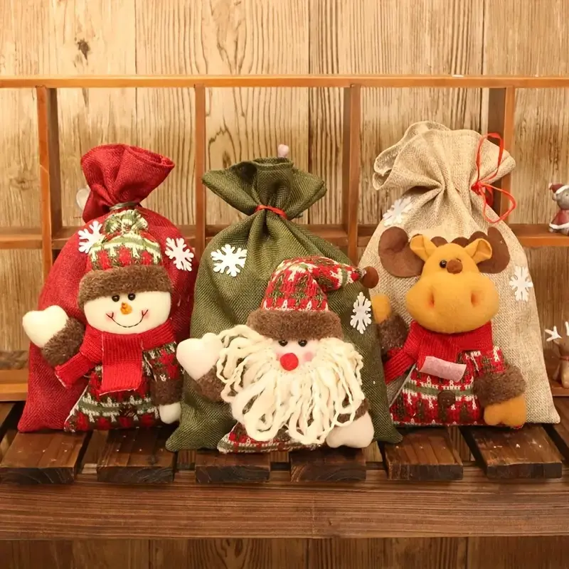Unisex 3pcs Reusable Durable 3D Christmas Drawstring Gift Bags Set - Festive Party Supplies with Reusability & Multifunctionality for Candy, Jewelry, Multifunctional