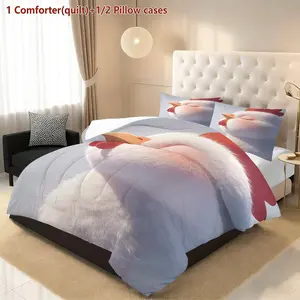 Cute Fat Chicken Quilt Set (1 Quilt + 2 Pillowcases), Soft Breathable, Digital Print, Suitable for Bedroom Dorm Home Use