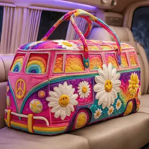 Hippie Van Quilted Travel Duffle Bag – Colorful Pink Van & Flower Design, Perfect for Adventure, Quilted Fun Travel Bag
