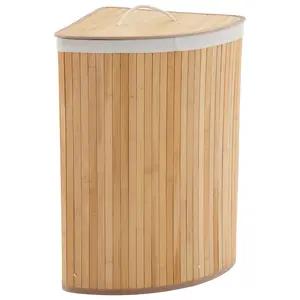 15.5 Gallon Corner Laundry Hamper with Lid, Foldable Bamboo Laundry Basket, Wicker Clothes Hamper  with Washable Liner Bag for Bedrooms Bathrooms