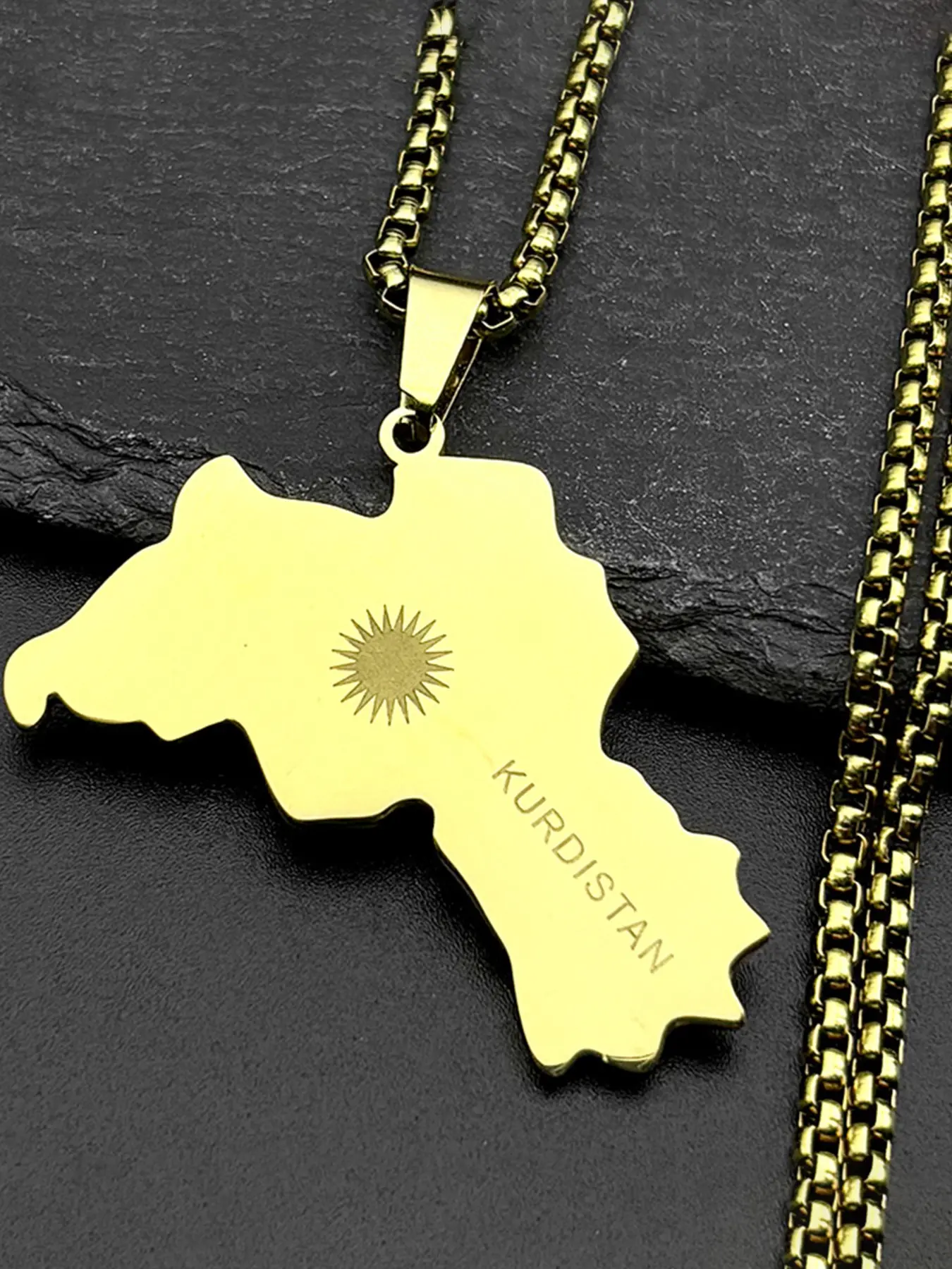 Kurdistan Map Flag Sun Symbol Pendant Necklace Fashion Jewelry for Men Women Unisex Stainless Steel Gold Color Ethnic National Geography Chain Geographical Necklace