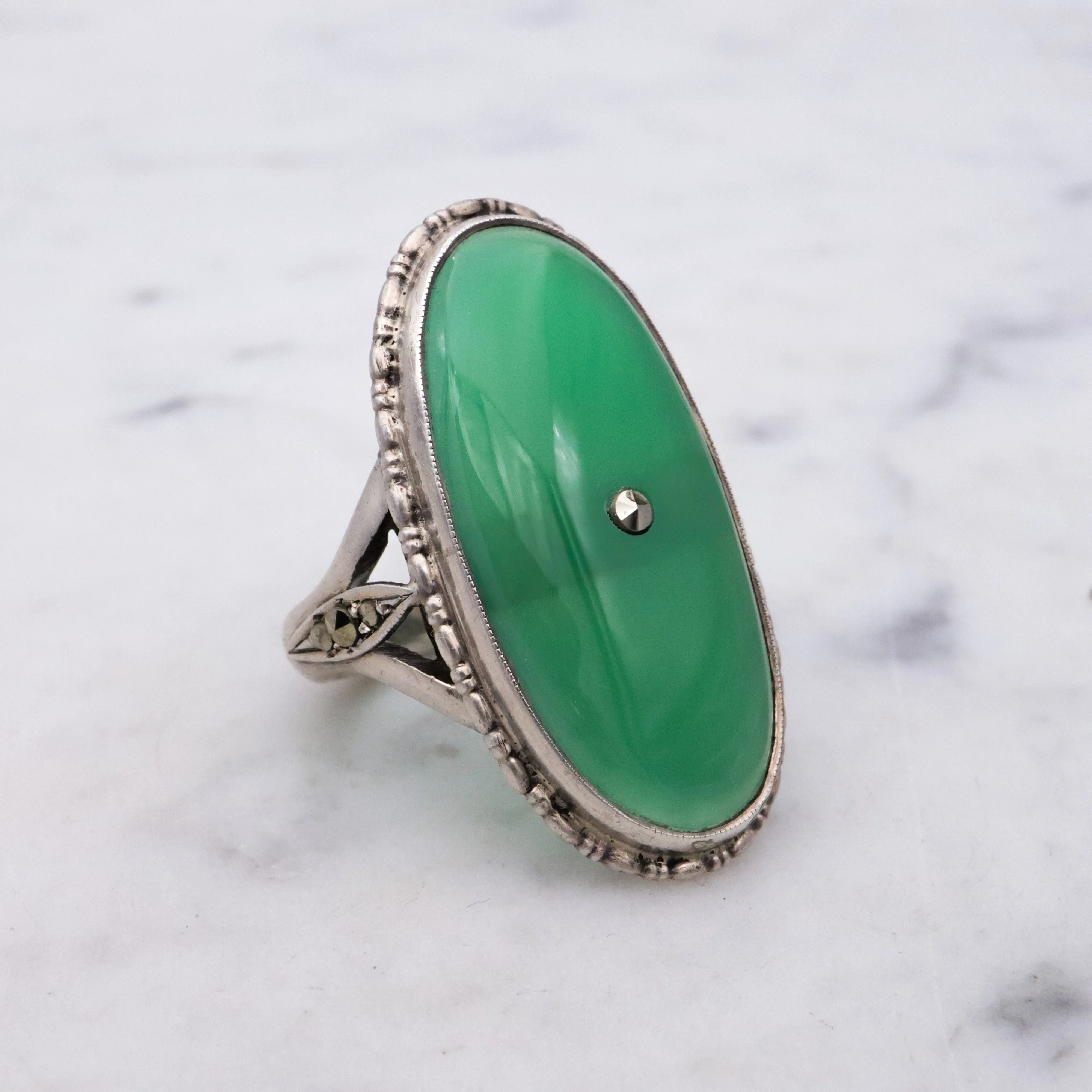Antique German Art Deco chrysoprase & marcasite 935 silver navette ring, sz 7